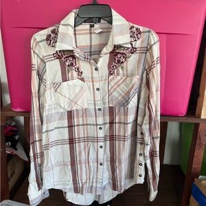 Plaid Button-Up Shirt with Floral Embroidery